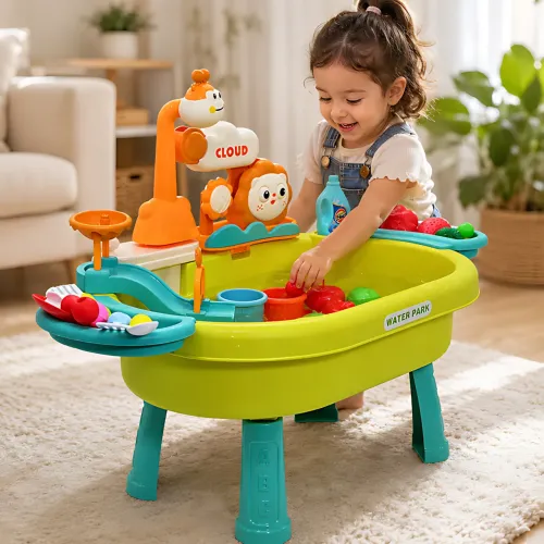Детский игровой столик с раковиной и циркуляцией воды 26X-160, игрушечная кухонная мойка с электро краном, посудой, водной горкой - фото 5