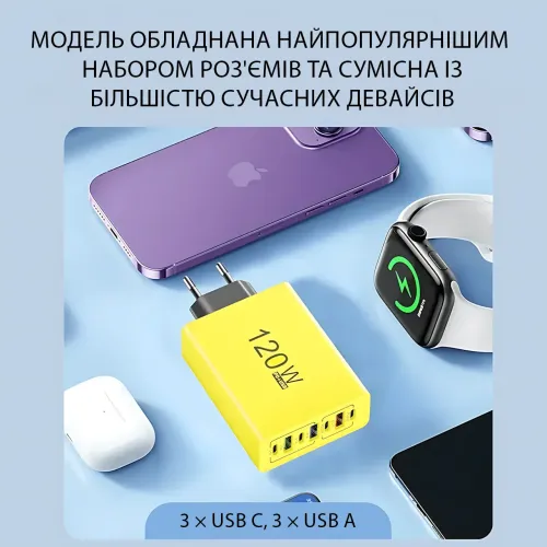 Сетевое зарядное устройство 6 портов 120W GaN Fast Charge 3xUSB-C + 3xUSB-A, универсальный адаптер питания Черный - фото 8