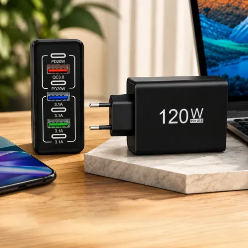 Мережевий зарядний пристрій 6 портів 120 W GaN Fast Charge 3xUSB-C + 3xUSB-A, універсальний адаптер живлення Чорний