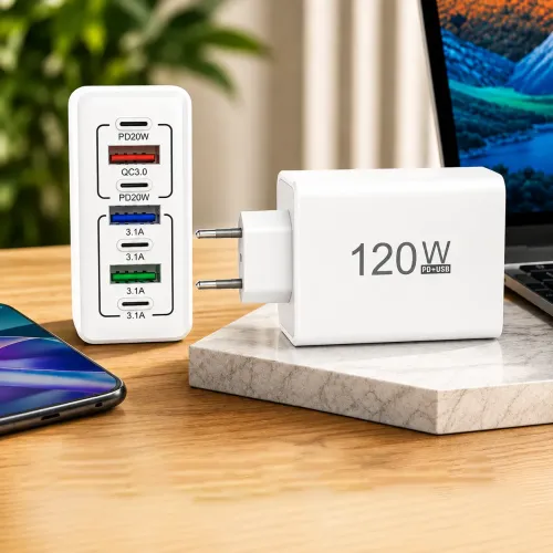 Мережевий зарядний пристрій 6 портів 120 W GaN Fast Charge 3xUSB-C + 3xUSB-A, універсальний адаптер живлення Білий