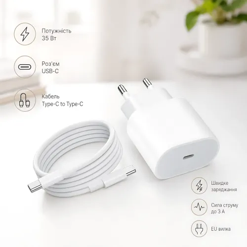 Сетевой комплект быстрой зарядки 35W: адаптер питания USB-C + кабель Type-C to Type-C (1м) EU Plug, белый (26X-199) - фото 5