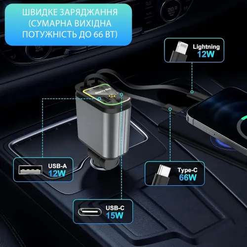 Автомобильное зарядное устройство 4 в 1 с быстрой зарядкой и проекцией «Звездное небо» 26X-204 (12V/24V, 2×USB), серебристое - фото 9