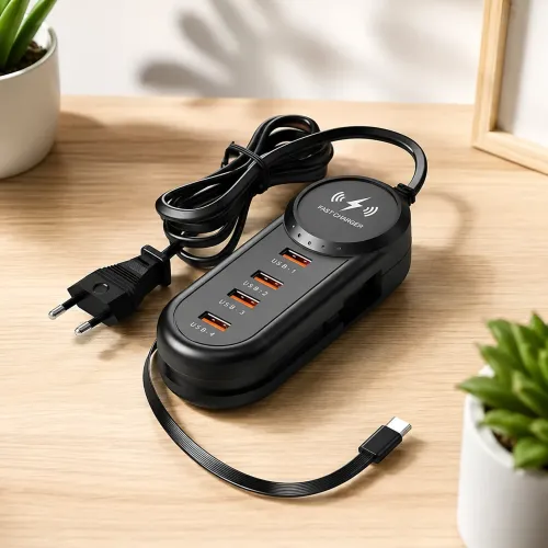 Зарядний мережевий пристрій 26X-201 із бездротовою зарядкою 25 W (2 USB + 2 Type-C) 5.1 A