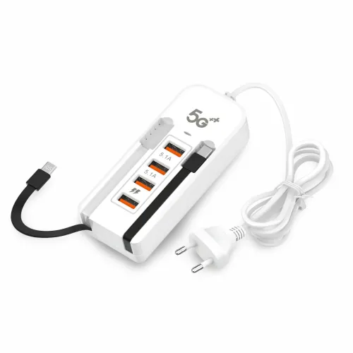 Сетевое зарядное устройство 26X-200, 66W (2 USB + 2 Type-C PD) с встроенными кабелями Type-C и Lightning
