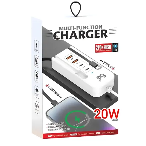 Сетевое зарядное устройство 26X-200, 66W (2 USB + 2 Type-C PD) с встроенными кабелями Type-C и Lightning - фото 9
