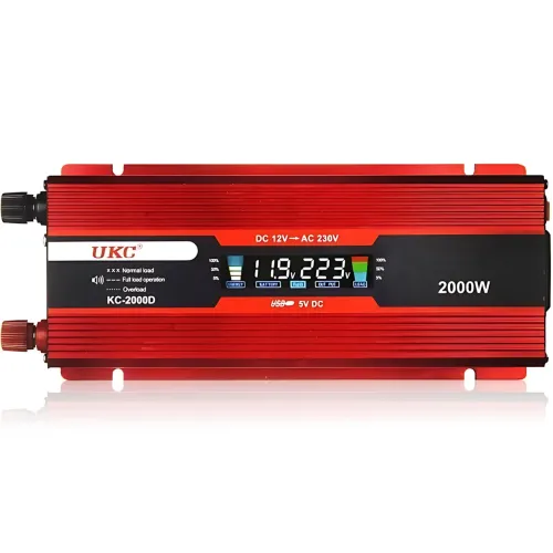 Преобразователь напряжения инвертор UKC KC-2000D 12V-220V 2000W с LCD дисплеем и USB, 80А, 12-220В с крокодилами