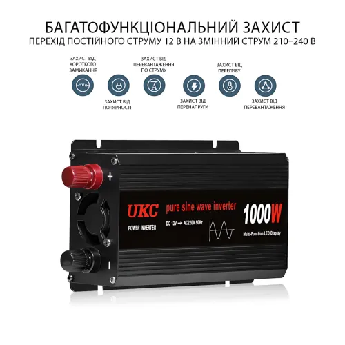 Преобразователь напряжения инвертор 12V-220V 1000W с USB и 2 кулерами охлаждения, чистая синусоида, 12-220 В для аккумулятора - фото 4
