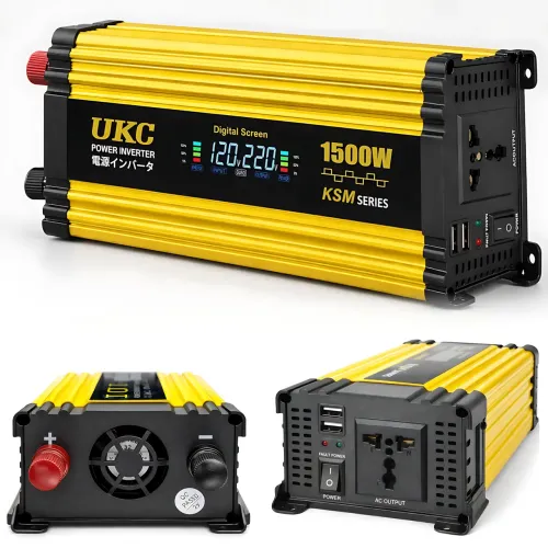 Преобразователь напряжения автомобильный, инвертор UKC KSM 1500W 12V-220V с LCD дисплеем, 2xUSB и защитой, черный с желтым
