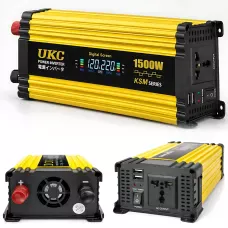 Перетворювач напруги автомобільний, інвертор UKC KSM 1500W 12V-220V з LCD-дисплеєм, 2xUSB і захистом, чорний із жовтим