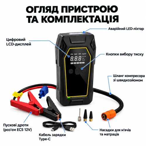 Пускозарядное устройство с компрессором K5 12V 16000mAh 4000A 150 PSI, пусковой бустер для авто, автокомпрессор, Power Bank - фото 2