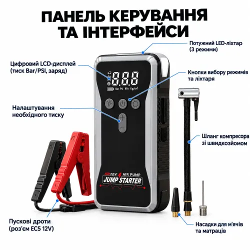 Пускозарядное устройство с компрессором S3 12V 12000mAh 1200A 150 PSI, пусковой бустер для авто, автокомпрессор, Power Bank - фото 2