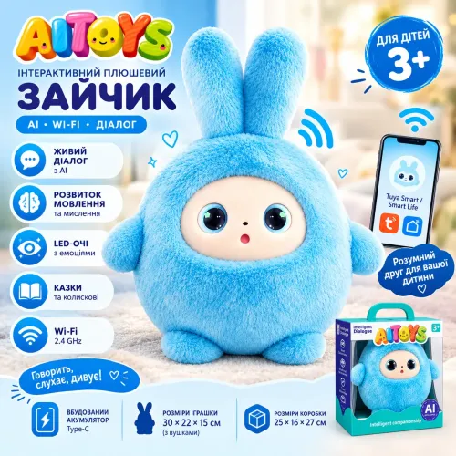 Интерактивная мягкая игрушка с искусственным интеллектом AITOYS Зайчик BB1882F-89 (Синяя), умный AI-робот с LED-глазами и Wi-Fi - фото 2