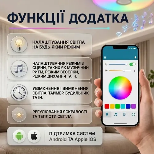Світлодіодна стельова смарт люстра з Bluetooth колонкою 60 Вт (40 см) RGB світильник з пультом та керуванням з телефону - фото 5