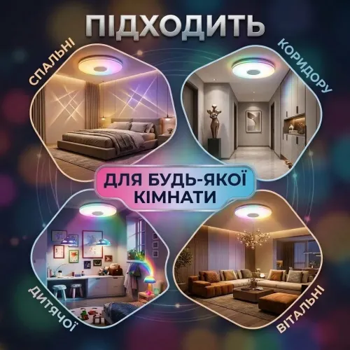 Світлодіодна стельова смарт люстра з Bluetooth колонкою 60 Вт (40 см) RGB світильник з пультом та керуванням з телефону - фото 6
