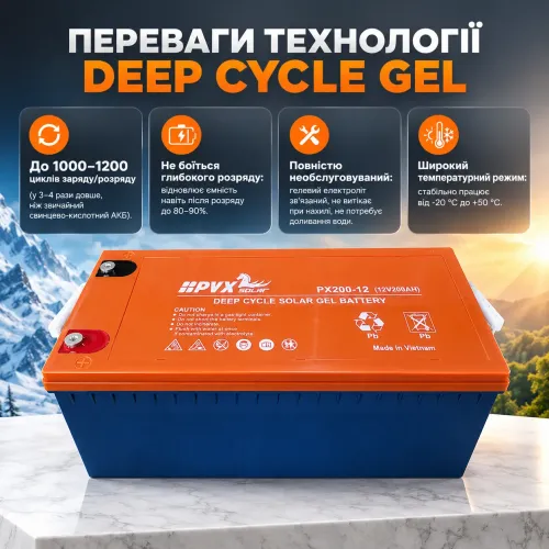 Тяговой гелевый аккумулятор 12V 200Ah HPYX Solar PX200-12 (2.4 кВт·ч) Deep Cycle GEL для инвертора котла и ИБП - фото 5