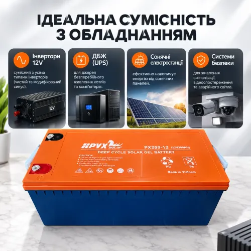 Тяговой гелевый аккумулятор 12V 200Ah HPYX Solar PX200-12 (2.4 кВт·ч) Deep Cycle GEL для инвертора котла и ИБП - фото 6