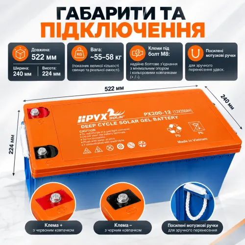 Тяговой гелевый аккумулятор 12V 200Ah HPYX Solar PX200-12 (2.4 кВт·ч) Deep Cycle GEL для инвертора котла и ИБП - фото 3