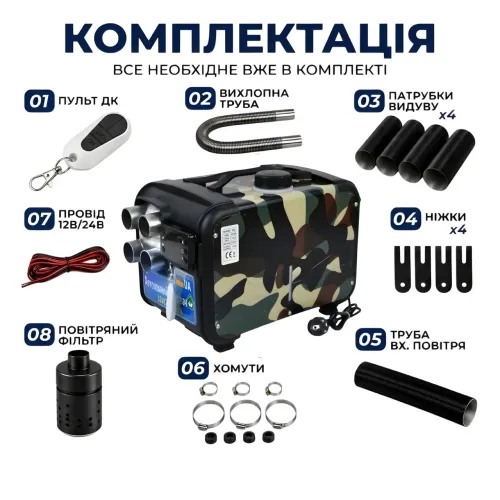 Автономний дизельний обігрівач ALFARID 8 кВт (12V/24V/220V) на 4 сопла Камуфляж моноблок з пультом ДК та LCD дисплеєм - фото 5