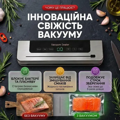 Вакууматор для продуктів 6в1 120 Вт з вбудованим різаком та LED дисплеєм побутовий вакуумний пакувальник для їжі 70 кПа - фото 6