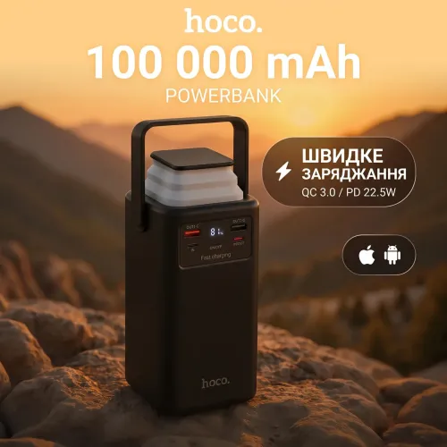 Повербанк 100000 mAh Hoco J90A 22.5W с фонарем и 4 встроенными кабелями быстрая зарядка QC3.0/PD павербанк - фото 3