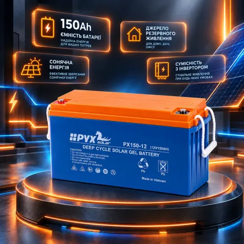 Тяговый гелевый аккумулятор 12V 150Ah HPYX Solar PX150-12 (1.8 кВт·ч) Deep Cycle GEL для инвертора котла и ИБП - фото 4