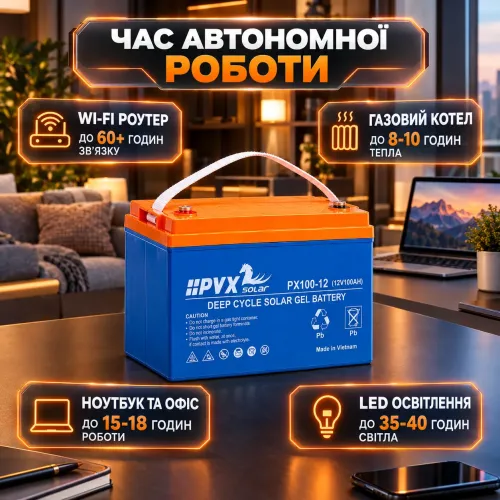 Тяговой гелевый аккумулятор 12V 100Ah HPYX Solar PX100-12 (1.2 кВт·ч) Deep Cycle GEL для инвертора котла и ИБП - фото 3