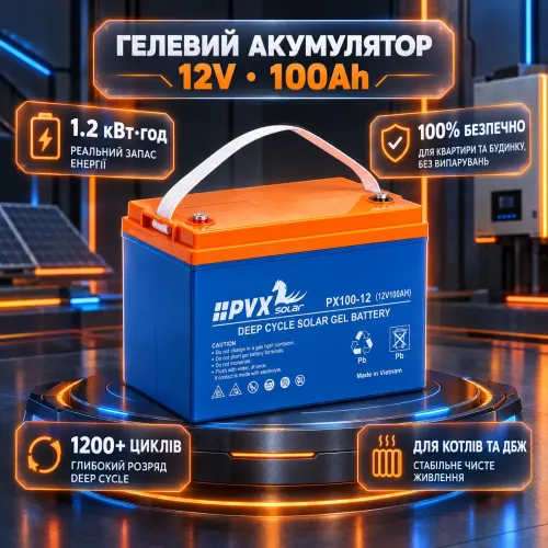 Тяговий гелевий акумулятор 12V 100Ah HPYX Solar PX100-12 (1.2 кВт·год) Deep Cycle GEL для інвертора котла та ДБЖ - фото 2