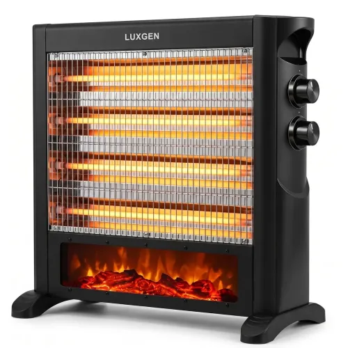 Кварцевый инфракрасный обогреватель-камин Luxgen 2000 Вт с термостатом и 3D пламенем, широкий напольный обогреватель на 4 трубки