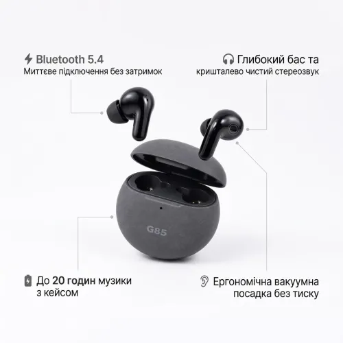 Беспроводные вакуумные наушники G85 TWS Bluetooth 5.4 с микрофоном и зарядным кейсом, черные - фото 2