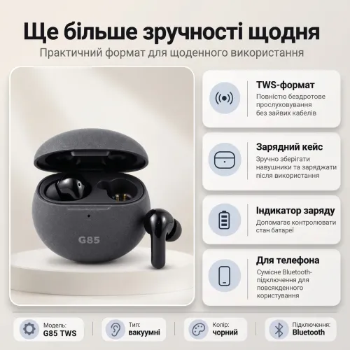 Беспроводные вакуумные наушники G85 TWS Bluetooth 5.4 с микрофоном и зарядным кейсом, черные - фото 4