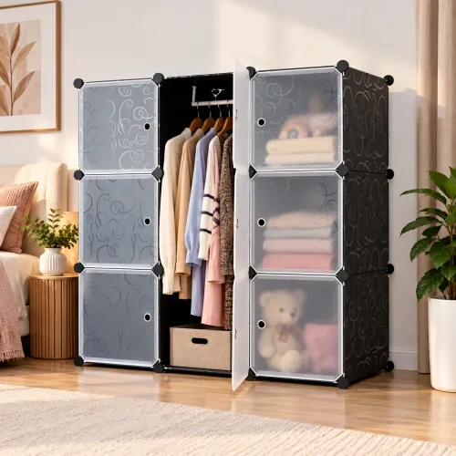 Складной модульный шкаф для одежды Storage Cube Cabinet (DT-1570) со штангой, черный - фото 3