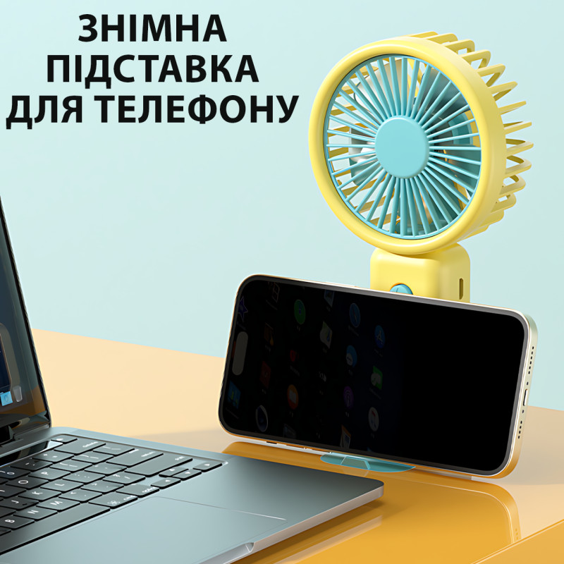 Портативний мінівентилятор JX-991 2 Вт з акумулятором, 3 швидкостями, usb-зарядкою, тримачем для телефона Жовто-зелений фото - 6