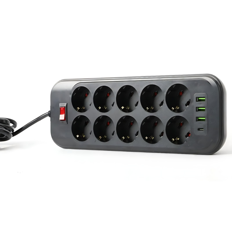 Сетевой фильтр - удлинитель 006 High Power 3250W / 3500W, 10 евро розеток + 4 USB (3&times;USB-A + USB-C PD 20W), быстрая зарядка QC фото - 4