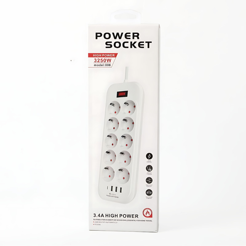 Сетевой фильтр - удлинитель 006 High Power 3250W / 3500W, 10 евро розеток + 4 USB (3&times;USB-A + USB-C PD 20W), быстрая зарядка QC фото - 10
