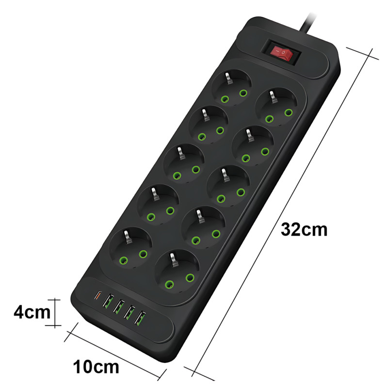 Сетевой фильтр - удлинитель 006 High Power 3250W / 3500W, 10 евро розеток + 4 USB (3&times;USB-A + USB-C PD 20W), быстрая зарядка QC фото - 9
