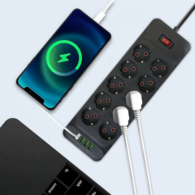 Сетевой фильтр - удлинитель 006 High Power 3250W / 3500W, 10 евро розеток + 4 USB (3&times;USB-A + USB-C PD 20W), быстрая зарядка QC