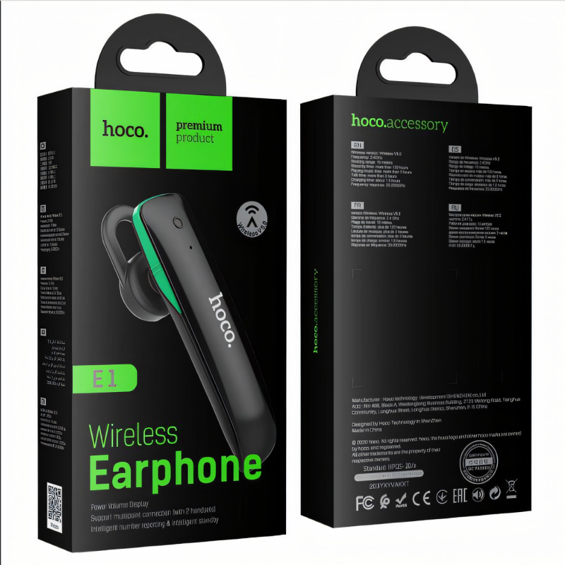 Бездротова Bluetooth гарнітура HOCO E1 з мікрофоном, 50 mAh, радіус дії до 10 м, чорний фото - 10