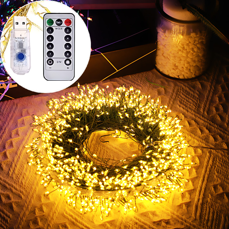 Гирлянда "Роса" 20 м, 600 LED, теплый свет, зеленая проволока, USB, с пультом фото - 7