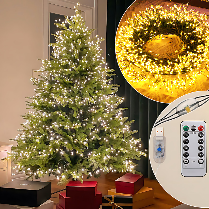 Гирлянда "Роса" 20 м, 600 LED, теплый свет, зеленая проволока, USB, с пультом фото - 5