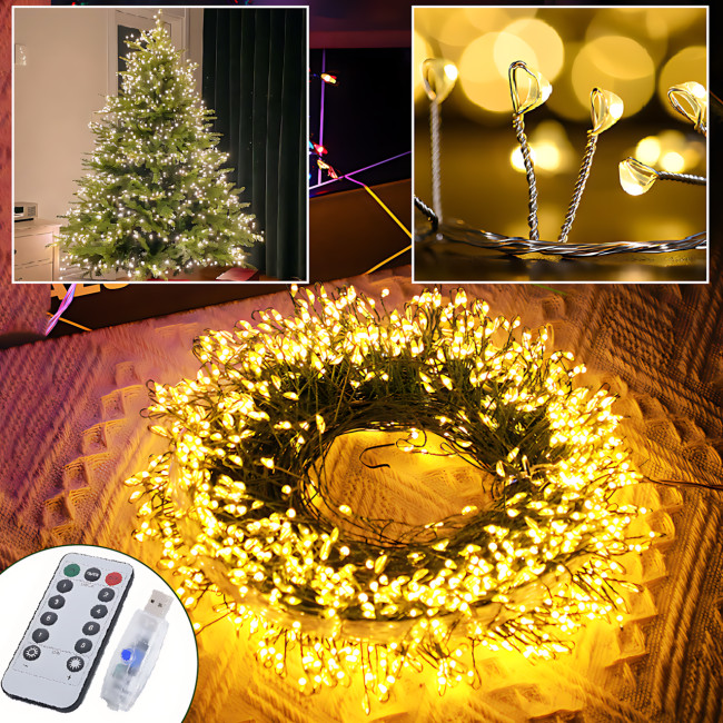 Гирлянда "Роса" 20 м, 600 LED, теплый свет, зеленая проволока, USB, с пультом