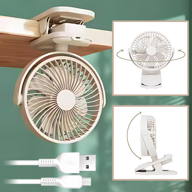 Вентилятор міні Fan LY-850 з прищіпкою, USB, 360° нахил і поворот, таймер 2/6/9, аб 1800 мА·год, 3 швидкості Бежевий
