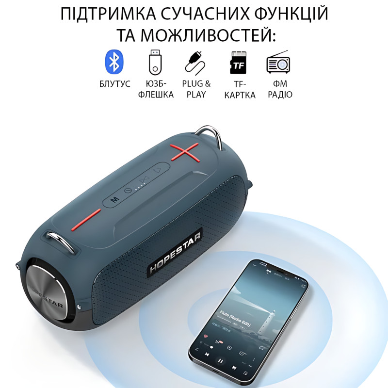 Портативная Bluetooth-колонка Hopestar A41 Party 16W, RGB-подсветка, Bluetooth 5.3, TWS 1+1, IPX5, USB/AUX/TF, 2400mAh, черная Черно-синий фото - 6