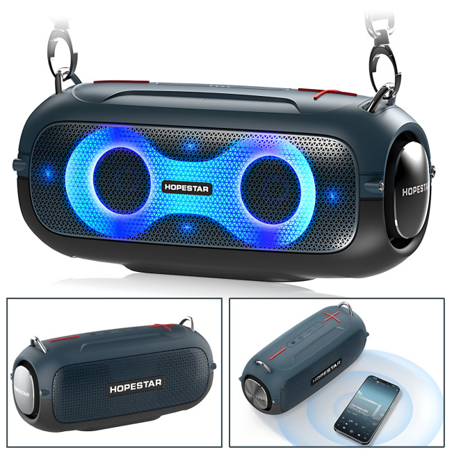 Портативная Bluetooth-колонка Hopestar A41 Party 16W, RGB-подсветка, Bluetooth 5.3, TWS 1+1, IPX5, USB/AUX/TF, 2400mAh, черная Черно-синий