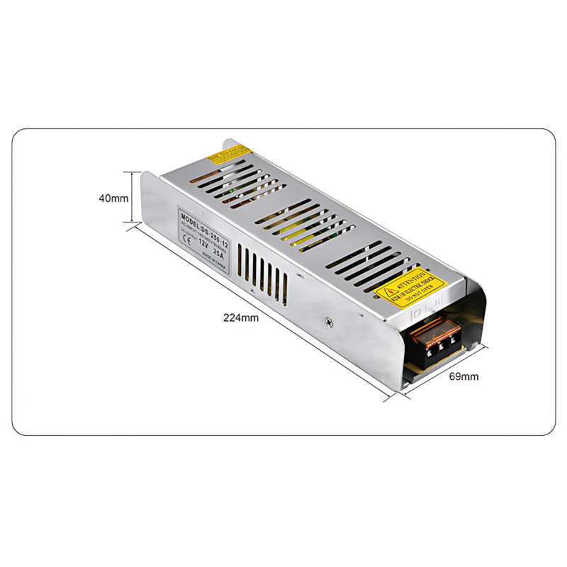 Адаптер 12V 25A METAL Long, імпульсний блок живлення негерметичний — 300 W, пасивне охолодження, IP20 фото - 10