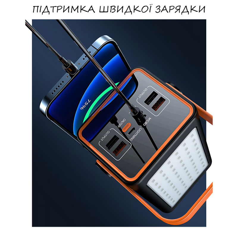 Power Bank 100 000 MAH, портативное зарядное YM-655 с быстрой зарядкой, 4 USB и ярким фонарем, белый фото - 7