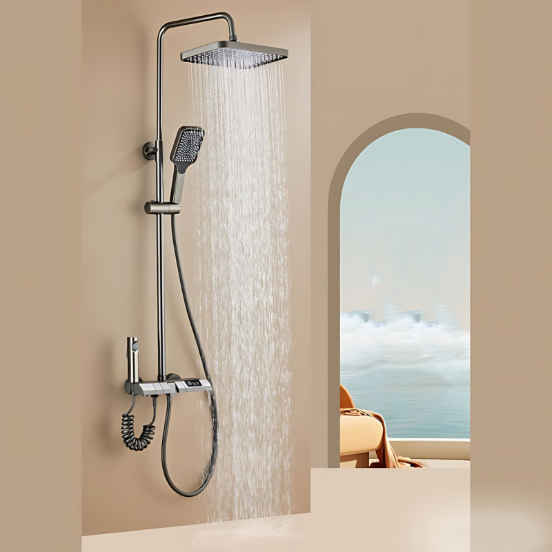 Душевая система с тропическим душем, цифровым дисплеем, термостатом, 4 режимами, латунный корпус, верхняя+ручная лейки+гигдродуш фото - 10