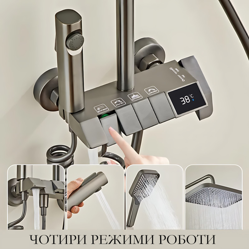 Душевая система с тропическим душем, цифровым дисплеем, термостатом, 4 режимами, латунный корпус, верхняя+ручная лейки+гигдродуш фото - 7
