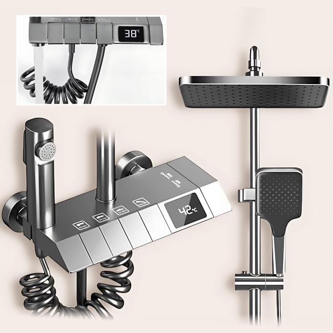 Душевая система с тропическим душем, цифровым дисплеем, термостатом, 4 режимами, латунный корпус, верхняя+ручная лейки+гигдродуш