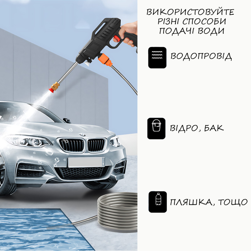 Универсальная мойка Water Gun, аккумуляторная мини-мойка высокого давления, 2 АКБ в комплекте, 3.5 бар, черный фото - 5