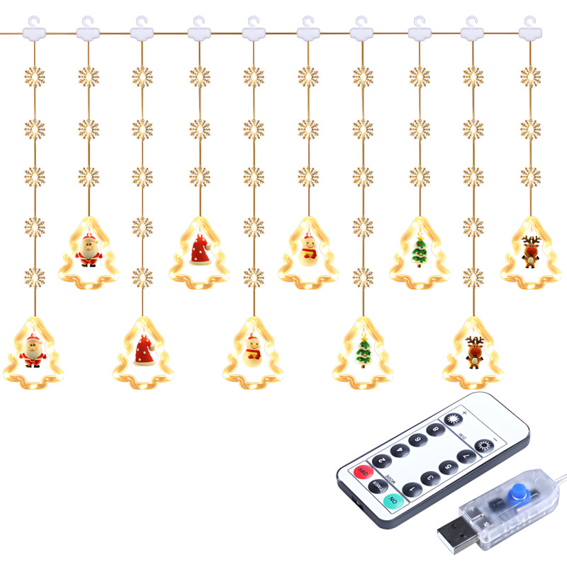 ​​​​​​​LED гирлянда-штора SFK-22, ё​​​​​​​лки с игрушкой, 8 режимов работы, теплый свет, 3 м х 0,8 м фото - 6